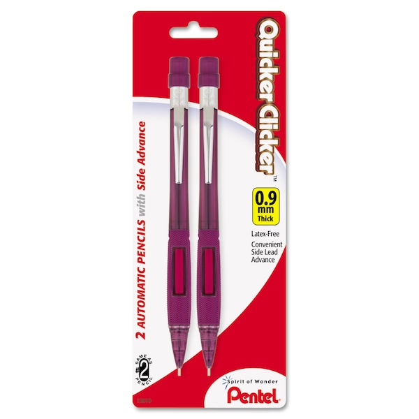 Pentel Quicker Clicker Mechanical Pencil, 0.9 mm, HB (No 2.5), Black Lead, Burgundy Barrel, PK2, 2PK PD349BP2 - main